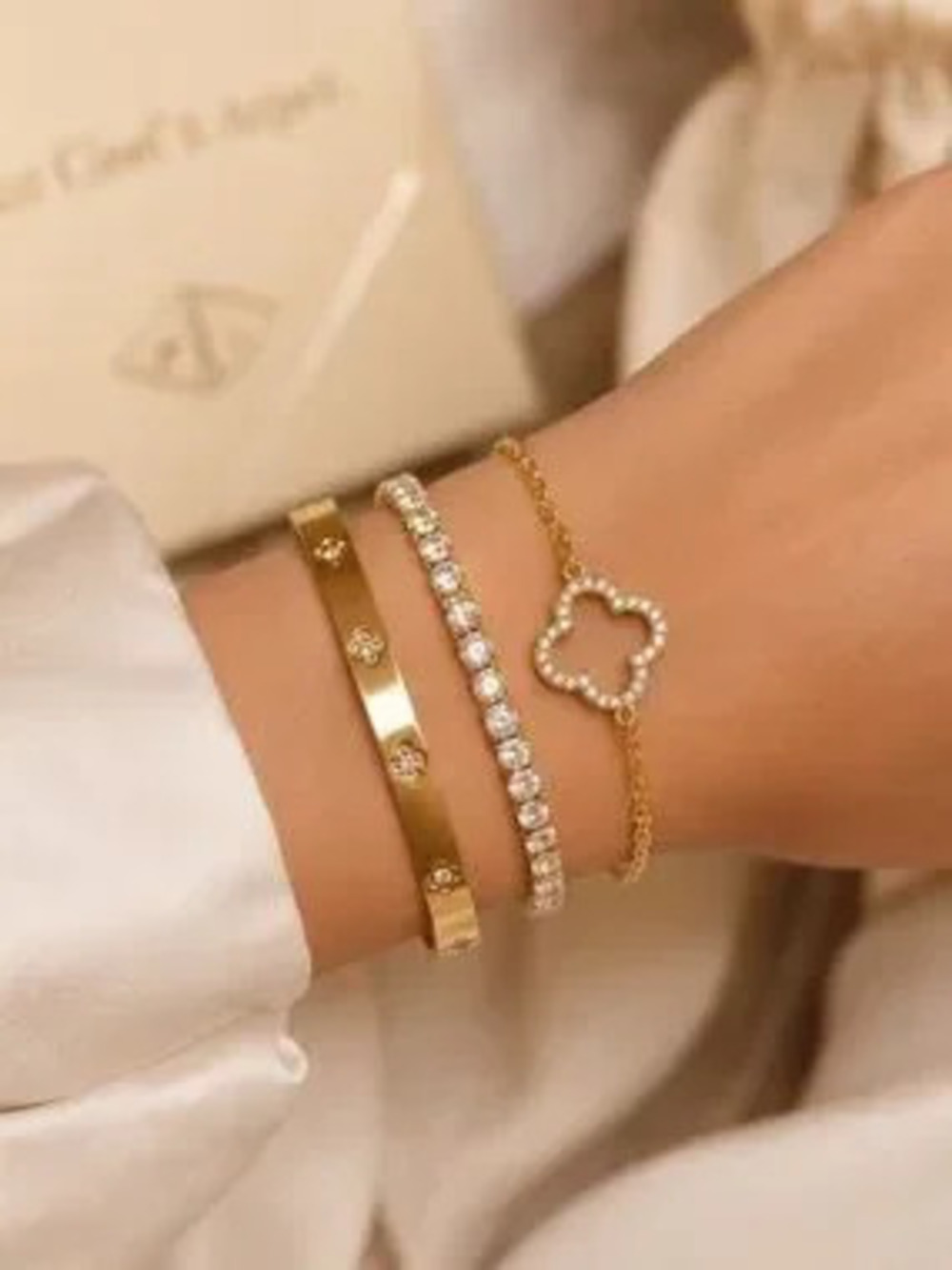 Alhambra Gold Floral Bracelet Set with Crystal Accents C Luxe Inspired